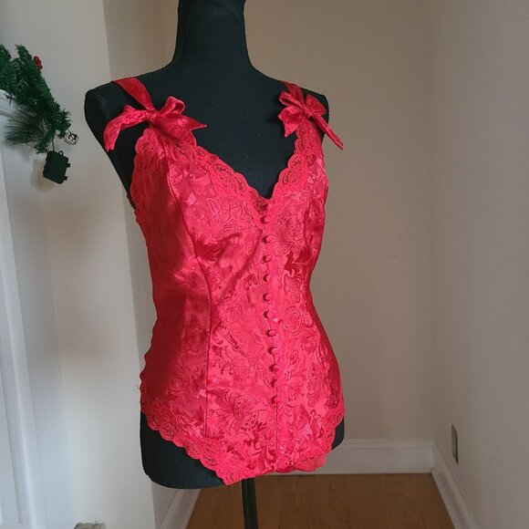VTG Victoria’s Secret Gold Label Red Satin Jacquard Teddy M Lace Bows Holiday - Picture 4 of 12